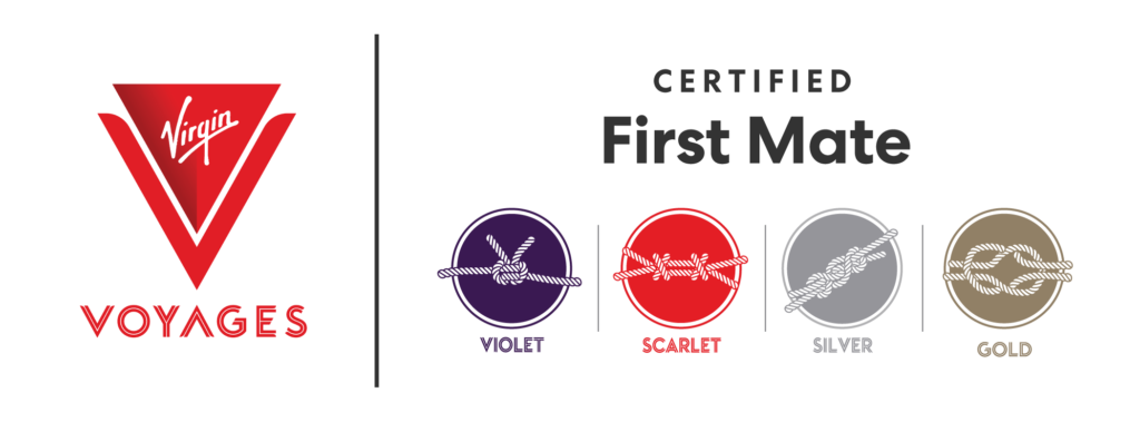 "Virgin Voyages logo on the left with 'Certified First Mate' text. Four circular icons with knots labeled Violet, Scarlet, Silver, and Gold on a black background."